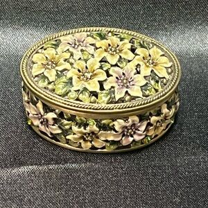 Vintage Pastel Swarovski Crystal Brass Enamel Floral Trinket Box